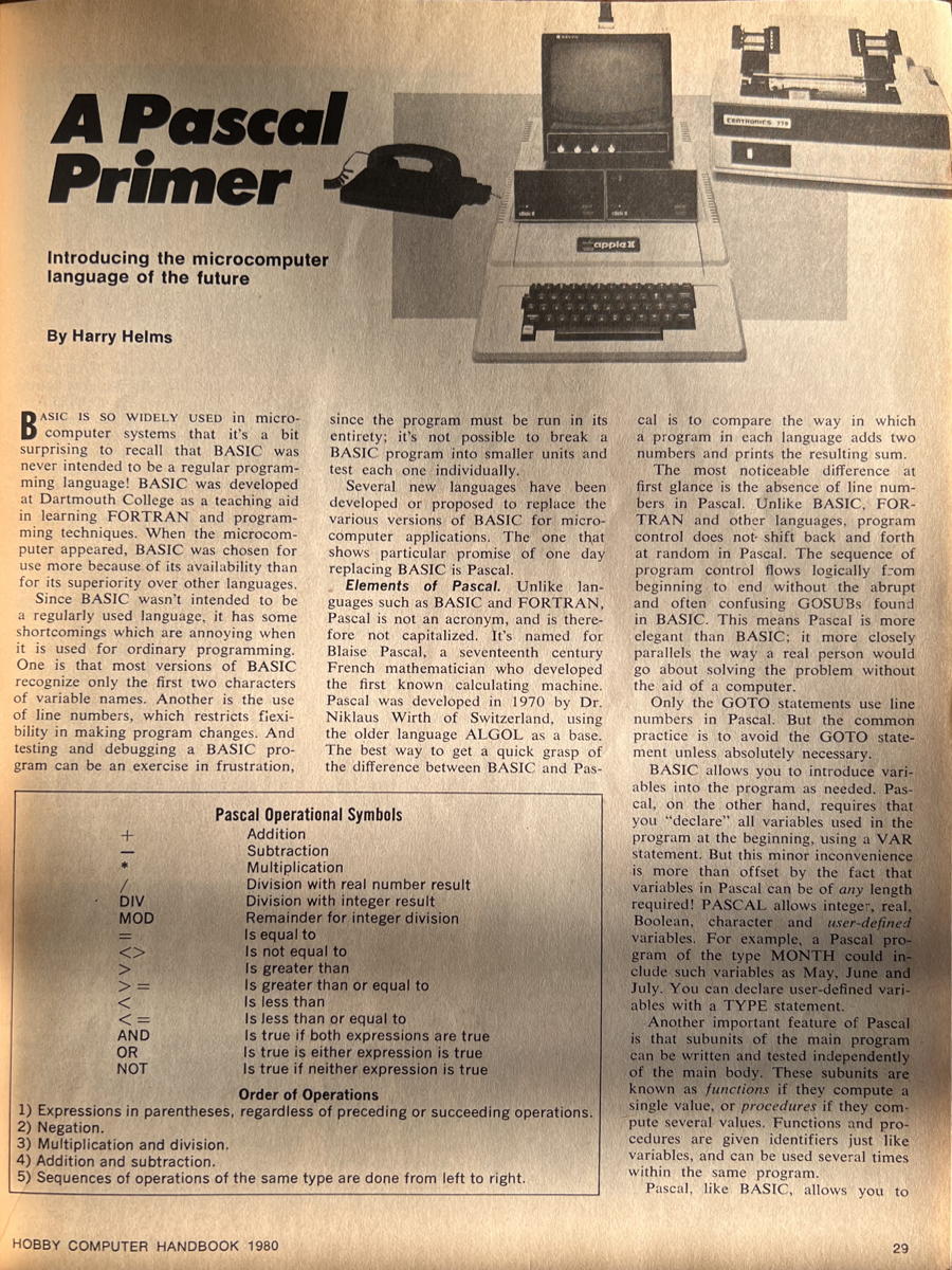 A Pascal Primer: “Introducing the microcomputer language of the future” by Harry Helms, from the 1980 edition of Hobby Computer Handbook.; computer history; Hobby Computer Handbook; Pascal