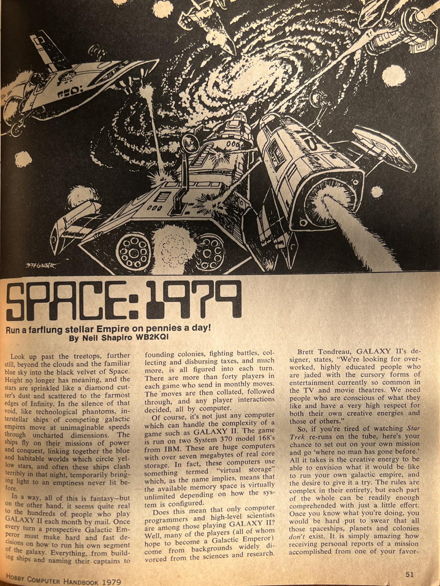 Space:1979: “Run a far-flung stellar empire on pennies a day!” by Neil Shapiro, from the 1979 edition of Hobby Computer Handbook.; retro computer games; 8-bit computer games; Hobby Computer Handbook