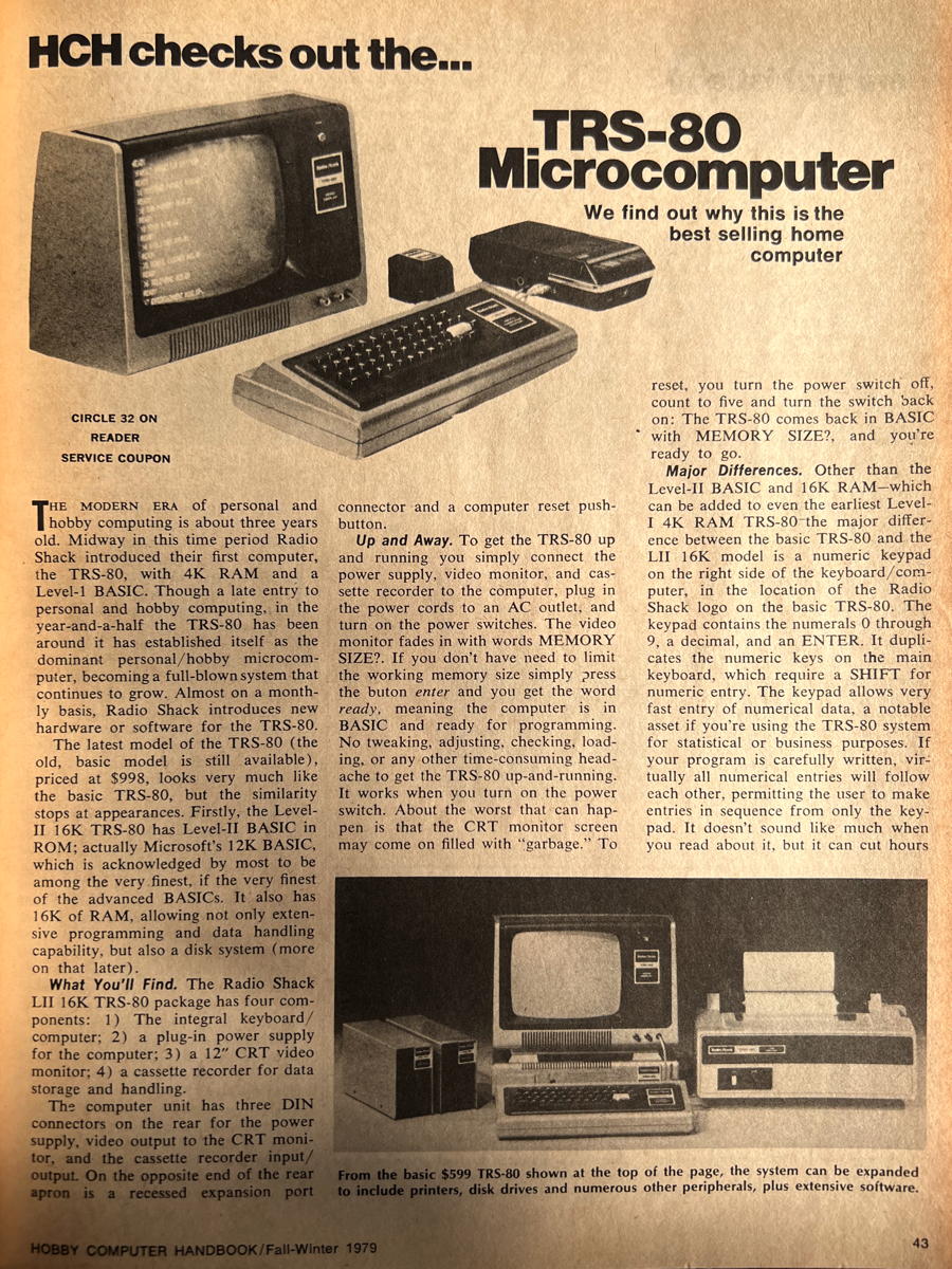 HCH checks out the TRS-80 Microcomputer: “We find out why this is the best selling home computer”, from the Fall/Winter 1979 edition of Hobby Computer Handbook.; TRS-80; computer history; Hobby Computer Handbook