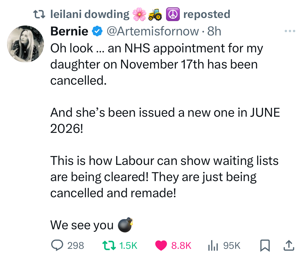 NHS appointment canceled: “Oh look… an NHS appointment for my daughter has been canceled!”; National Health Service; NHS