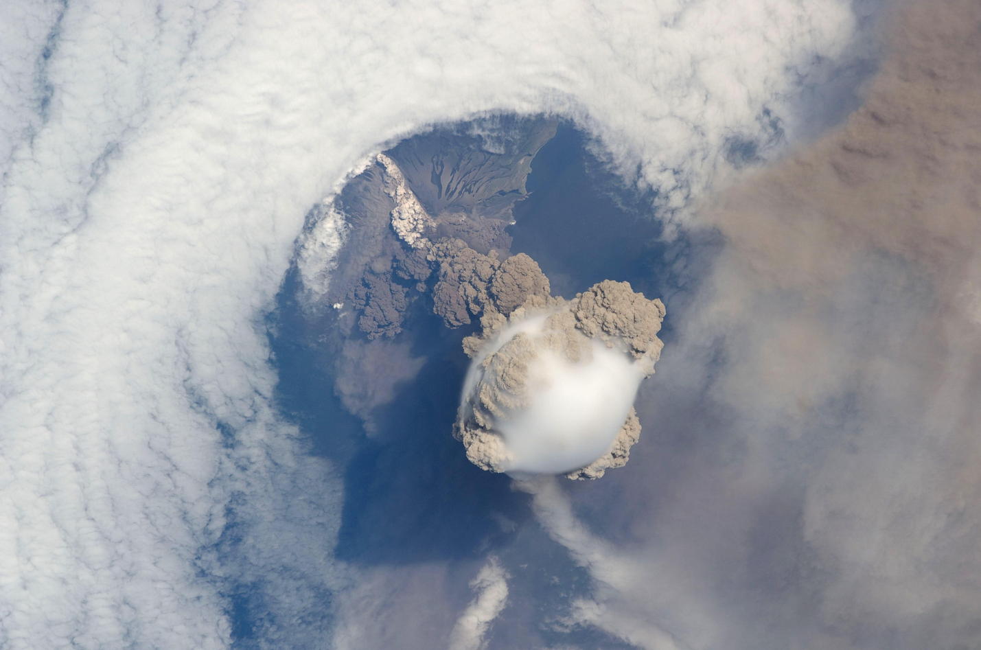 Sarychev volcano: “A picture of Russia&#39;s Sarychev Volcano, located in the Kuril Islands, erupting, as seen from the International Space Station.”; volcanoes
