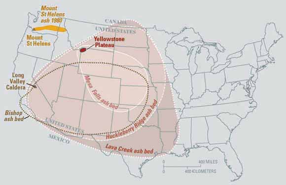 Yellowstone ash spread: The range of Yellowstone’s three major eruptions.; volcanoes