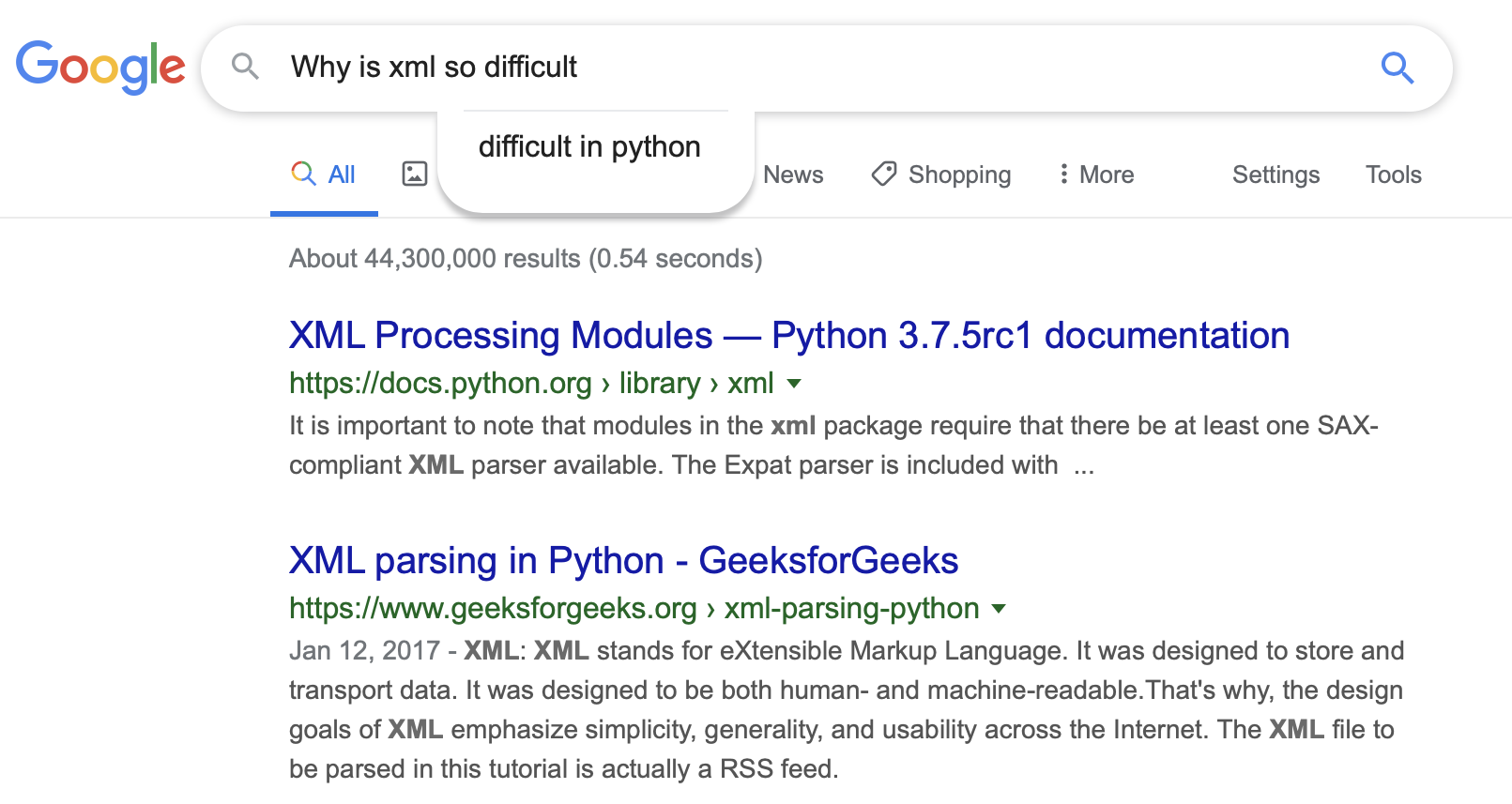 Why is XML so difficult in Python?: Why is XML so difficult… automatically extends to “in Python”.; Python; XML; Google
