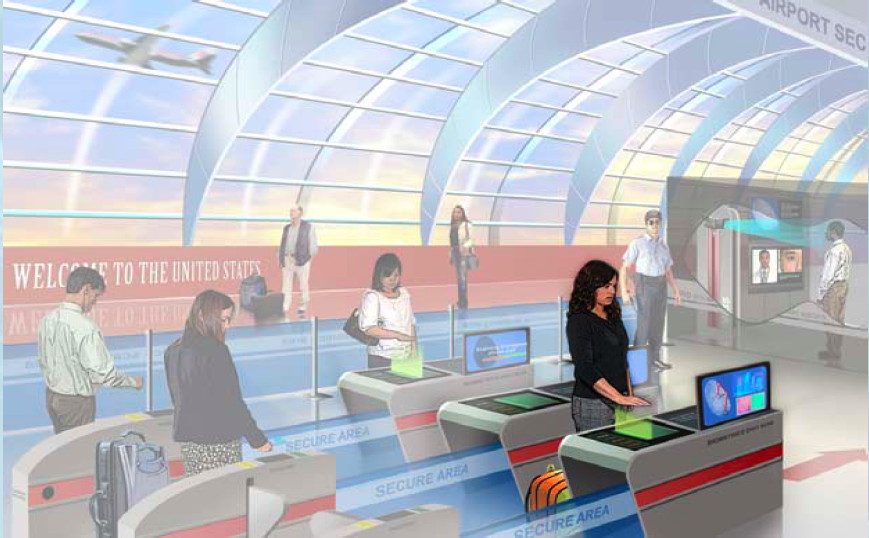 Air travel touchless fingerprint detector: “Artist&#39;s conception of a proposed touchless fingerprint detector” from DHS Science and Technology—The Hard and Harder sciences of Biometrics and Identity Management; security; Homeland Security; DHS; air travel; fingerprints