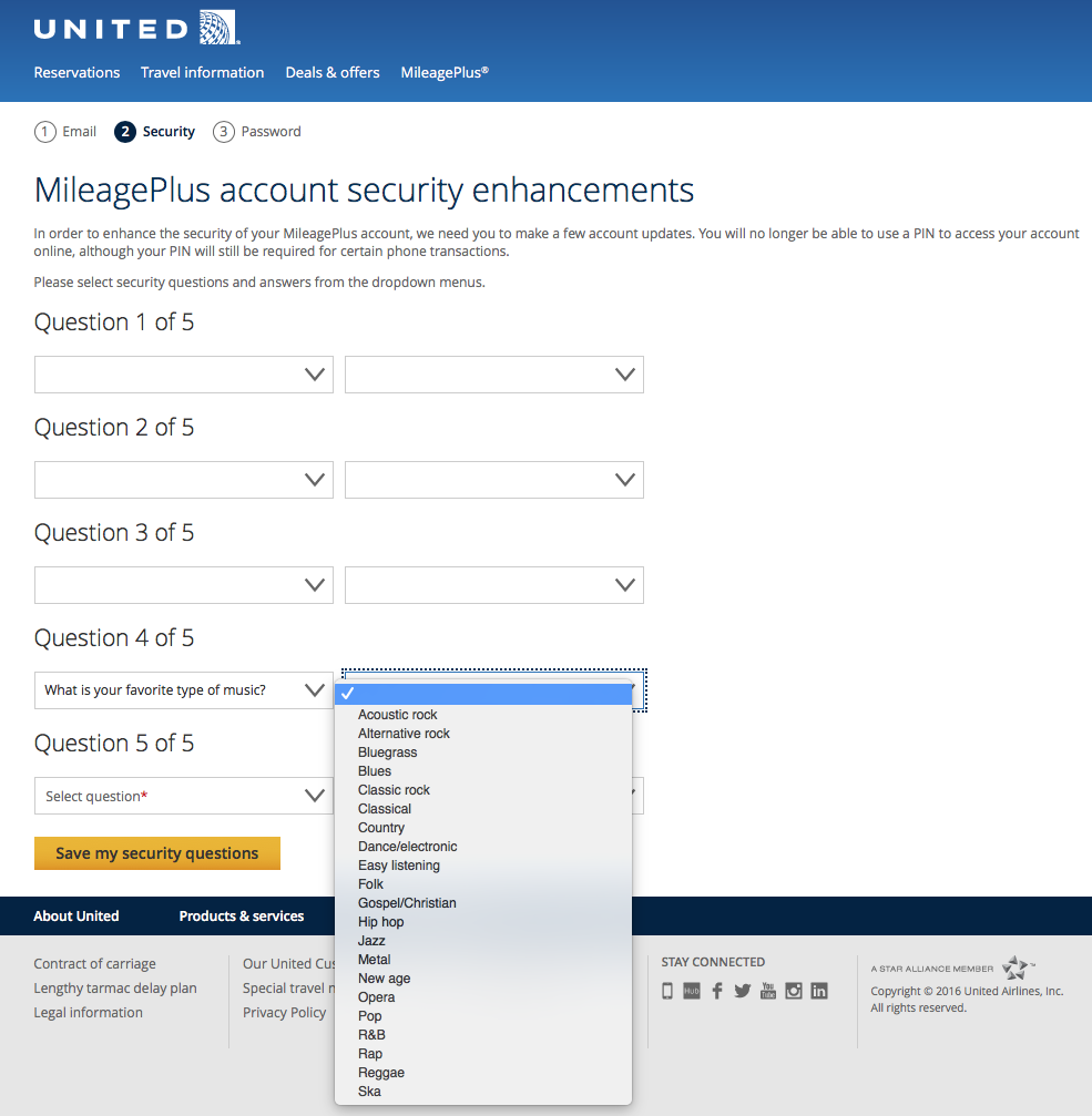 United Music Styles: United MileagePlus music styles for insecurity questions.; insecurity questions; secret questions, out-of-wallet questions; United Airlines