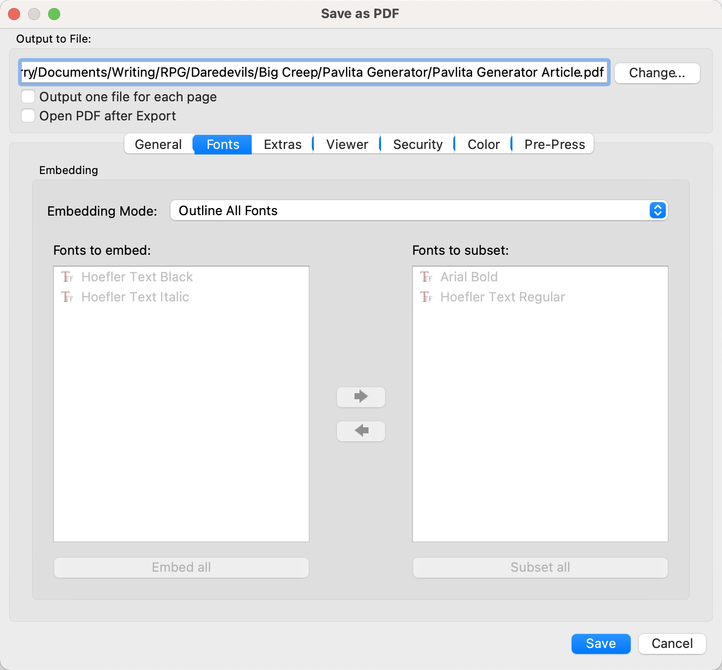 Scribus: Outline All Fonts: Where to outline fonts in Scribus when saving to PDF.; fonts; PDF; Scribus