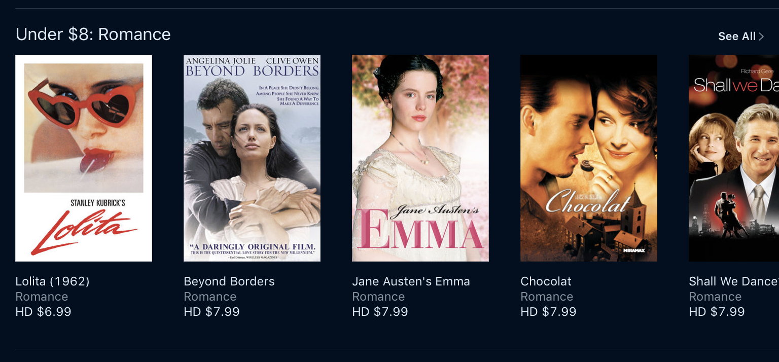 Lolita, a romance: Lolita, classified as a “Romance” movie in iTunes.; movies; iTunes; Apple TV; Lolita